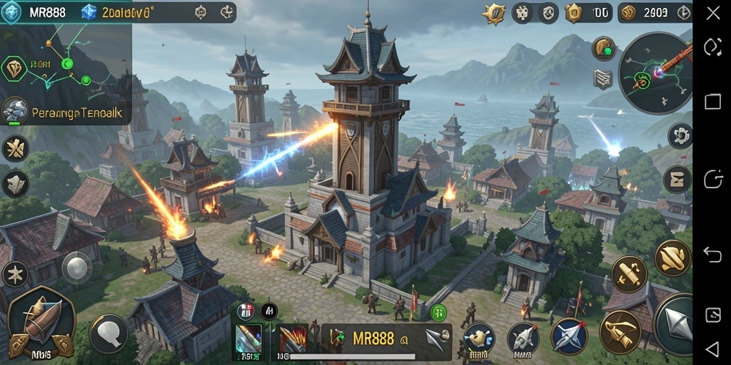 Tampilan gameplay intens di game Tower Defense MR888.