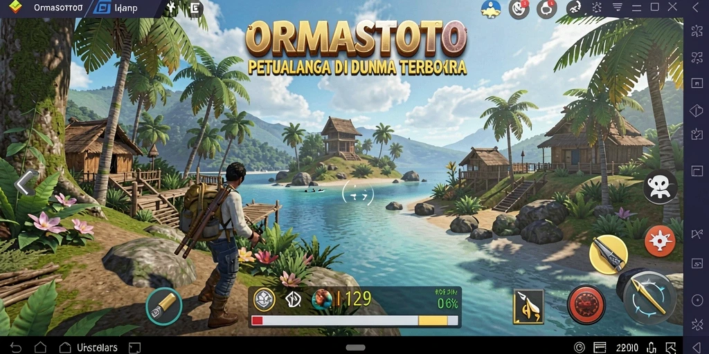Tangkapan layar utama ORMASTOTO menampilkan aksi petualangan di dunia terbuka.