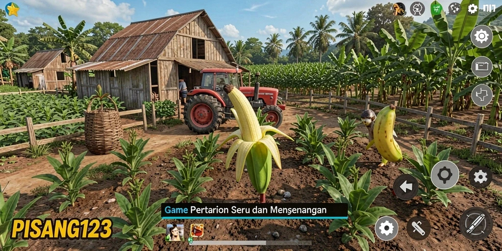 Tampilan gameplay PISANG123 yang penuh warna dan interaktif dalam pertanian.