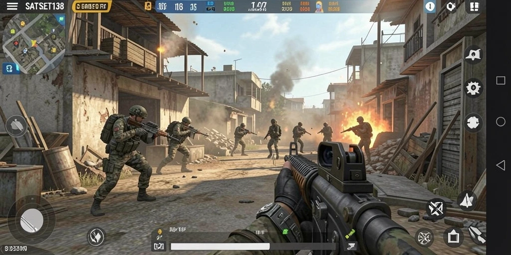 Tangkapan layar utama SATSET138 menampilkan aksi pertempuran FPS yang mendebarkan.